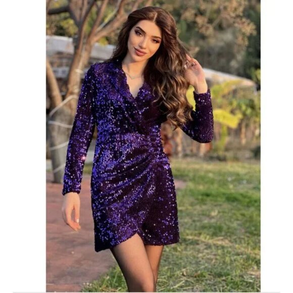Zara Festive Sequin Blazer Dress Long Sleeve Collar Purple Blogger Fav Size XS - Picture 4 of 9